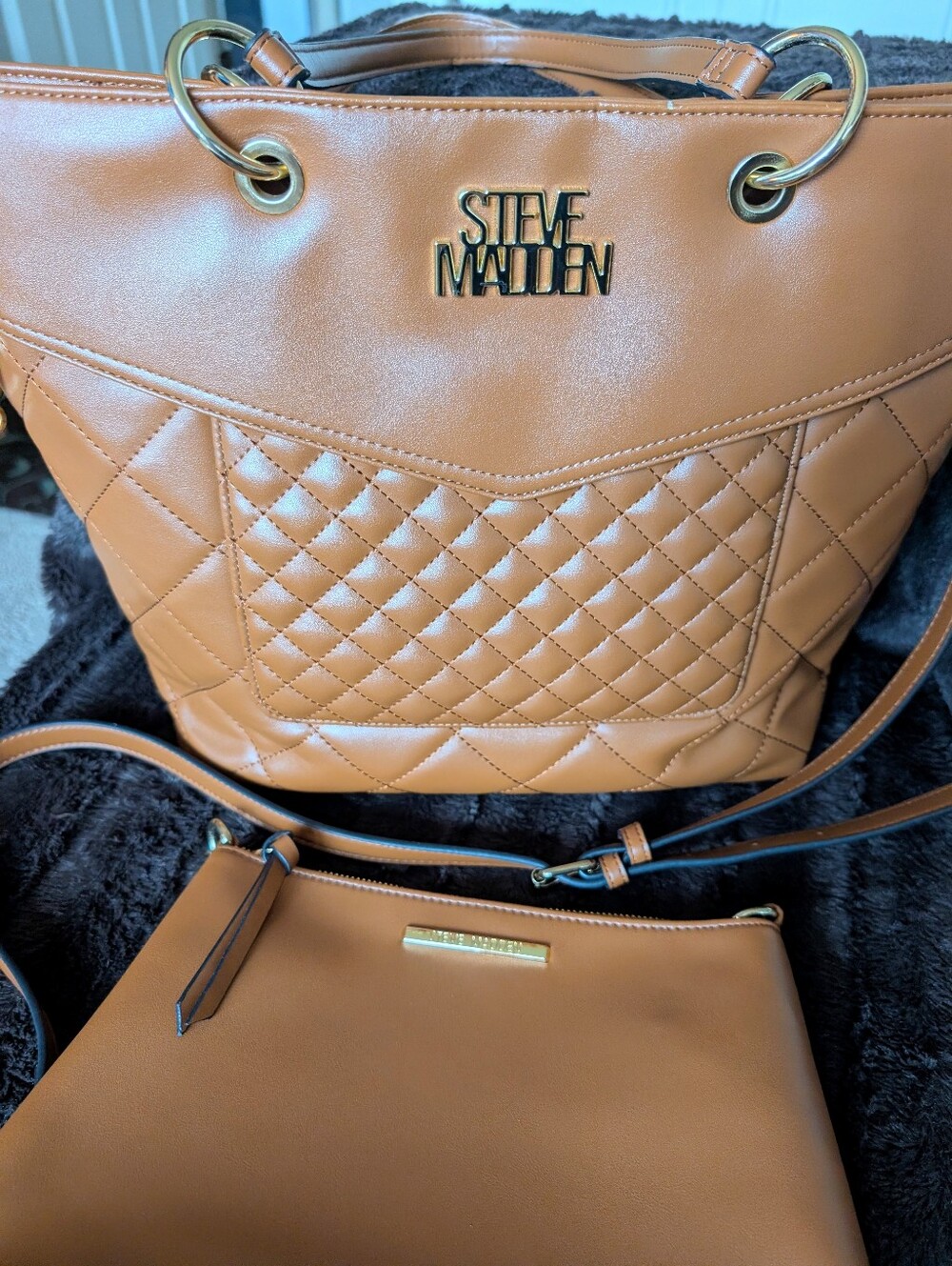 Steve Madden Tan Quilted Tote Bag with Additional Crossbody Bag